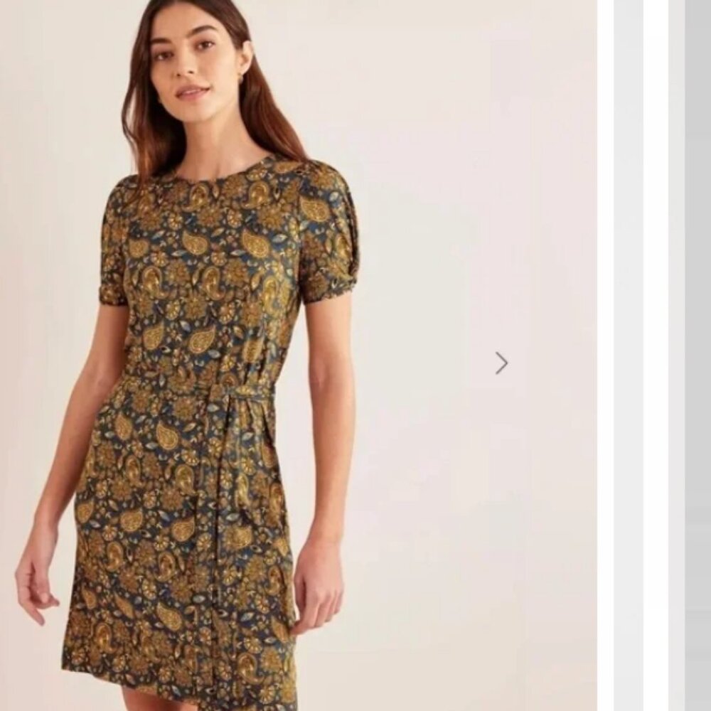 Boden‎ Knot Detail Jersey Mini Dress Harvest Gold Paisley US 6 R